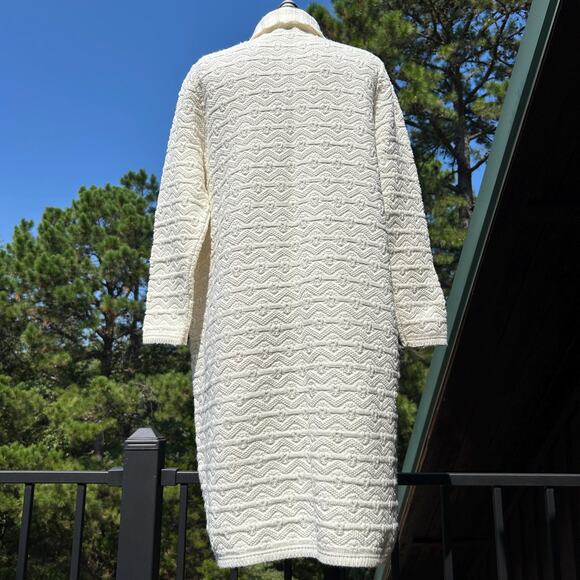 Vintage 60s Scalloped Collar Chunky Knit Long Cardigan Duster Sweater Robe M L - Picture 7 of 8